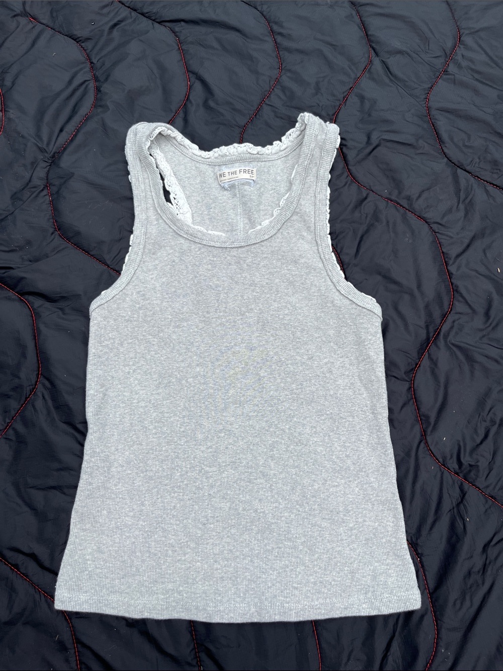 We the Free Free People Rowan Light Gray Ribbed Lace-Trim Tank Top size S